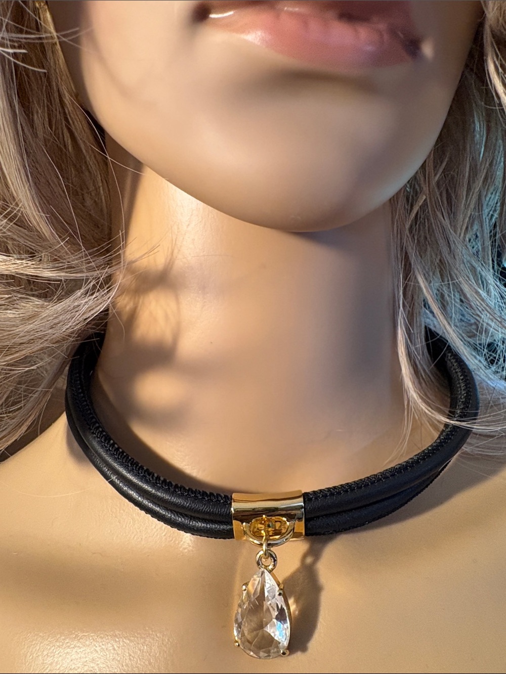 Coach clear Crystal Tear Drop Pendent on a Black Choker Necklace